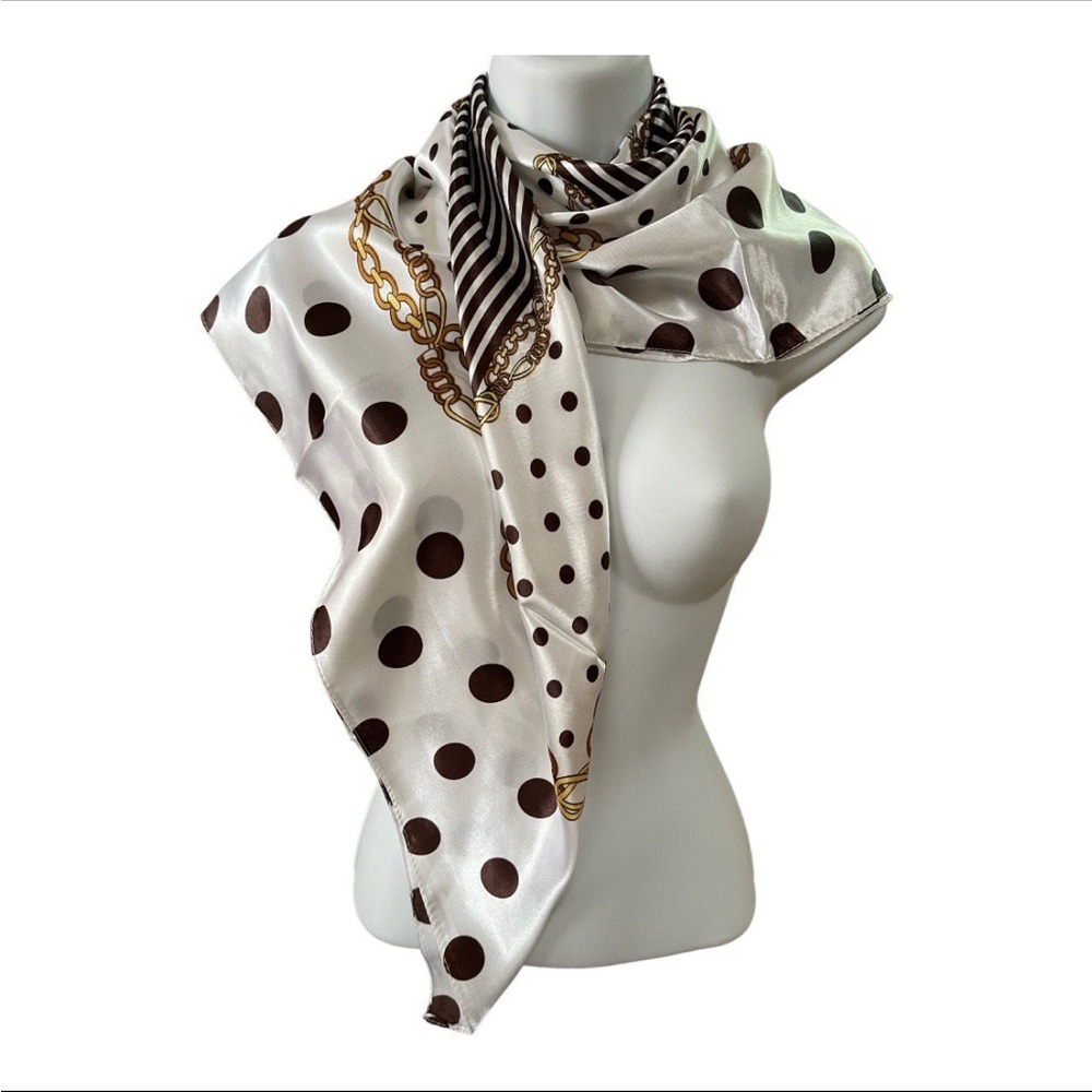 Satin White, Brown and Gold Polka Dot, Stripe and Chain Link Scarf 35x35 NEW